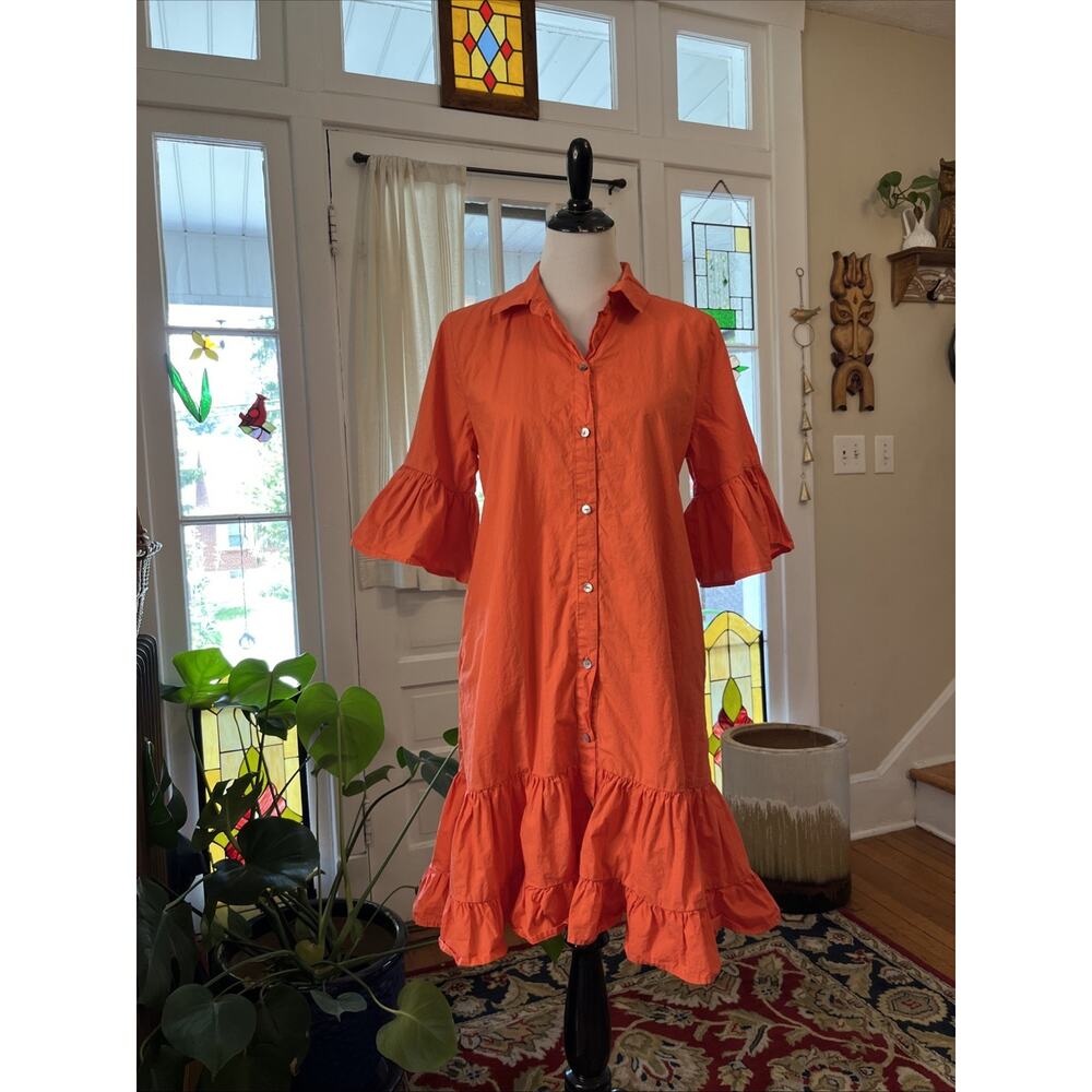 Shannon Passero S Button Coral Shirt Dress Ruffle Sleeve Tiered Boho 100% Cotton